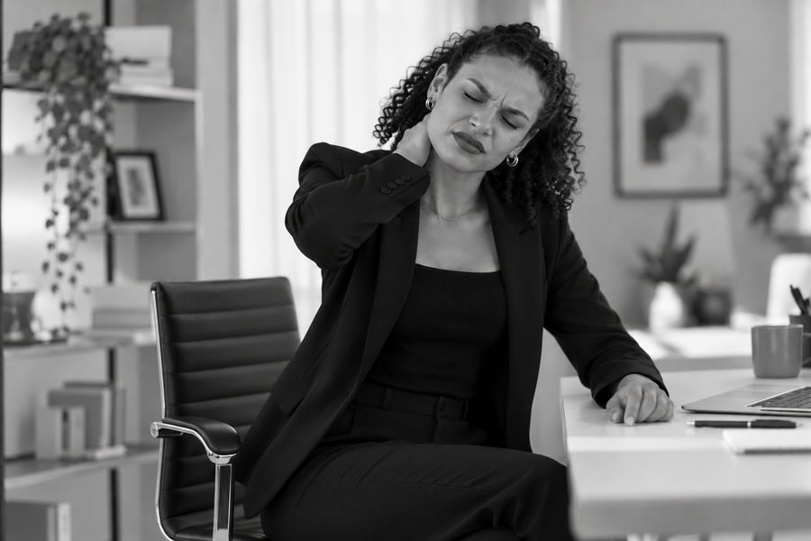 Mulher com dor no pescoço e trapézio no trabalho